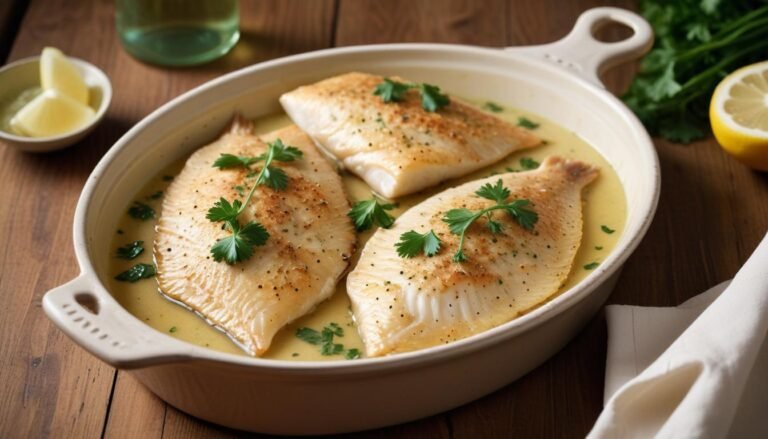 Filés de linguado ao vinho branco dourados em assadeira de barro com molho de manteiga e salsinha fresca