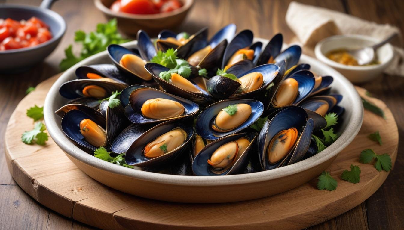 Mexilhões ao vinagrete servidos nas conchas com tomate, pimentão e coentro fresco em tábua rústica