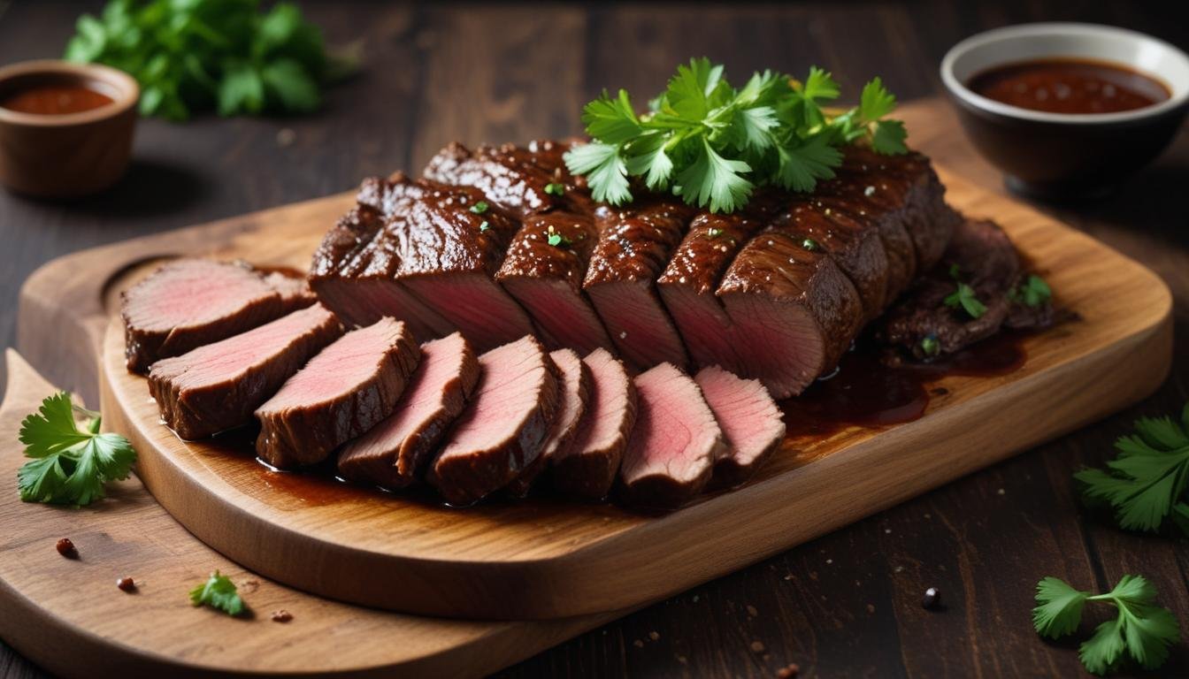 Carne assada rápida fatiada com molho escuro e suculento servida em tábua de madeira rústica
