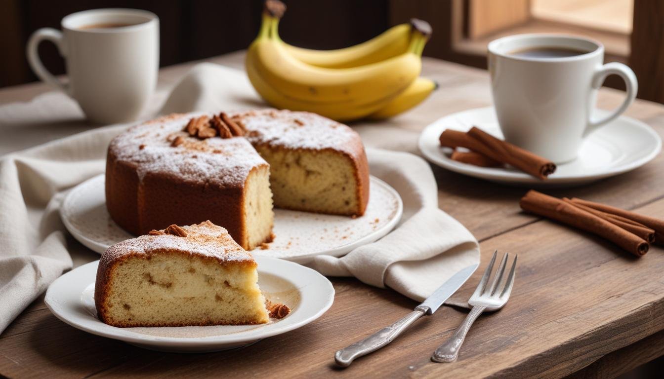 Bolo de banana facílimo fofinho com fatias de banana caramelizadas e canela por cima, servido em prato branco sobre mesa de madeira