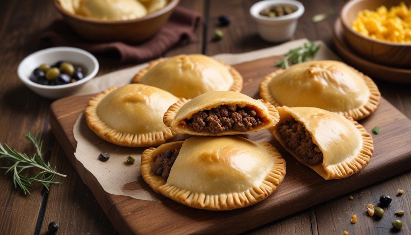 Empanada simples assada e dourada com recheio de carne moída, azeitona e ovo, servida em tábua de madeira rústica