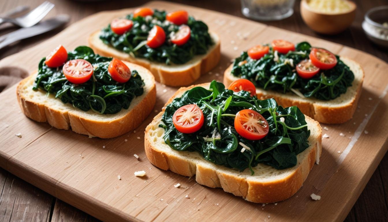 Lanchinho rápido de espinafre com tostadas crocantes de pão francês cobertas com refogado de espinafre e queijo gratinado dourado
