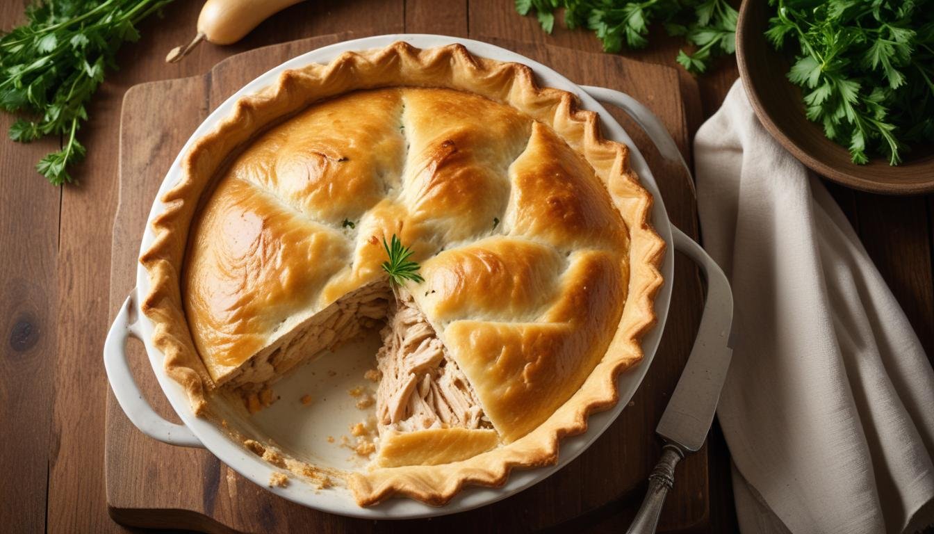 Empadão integral de frango cremoso fatiado em assadeira redonda, com recheio de frango desfiado e ricota à mostra, sobre mesa de madeira rústica