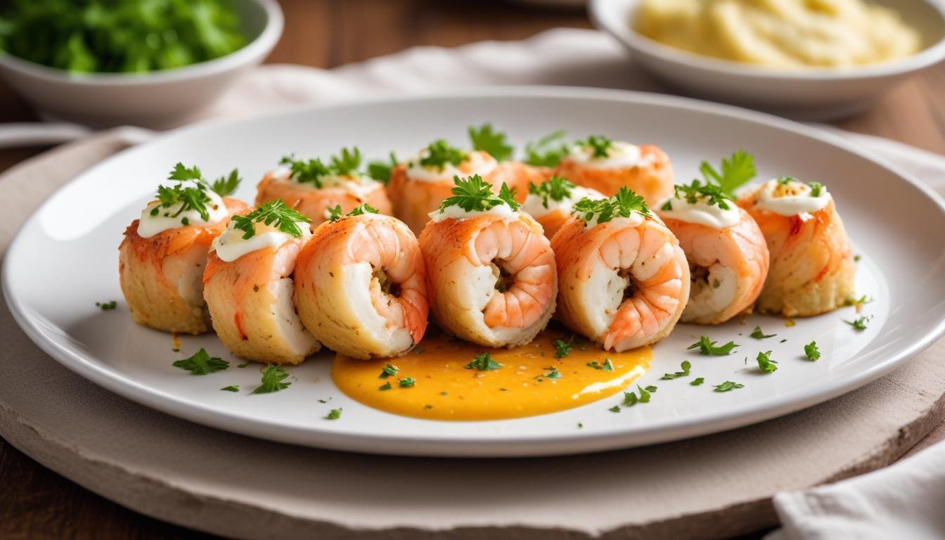 Rocambole prático de camarão fatiado mostrando o recheio cremoso de camarão com cenoura e ricota, decorado com maionese e salsinha fresca