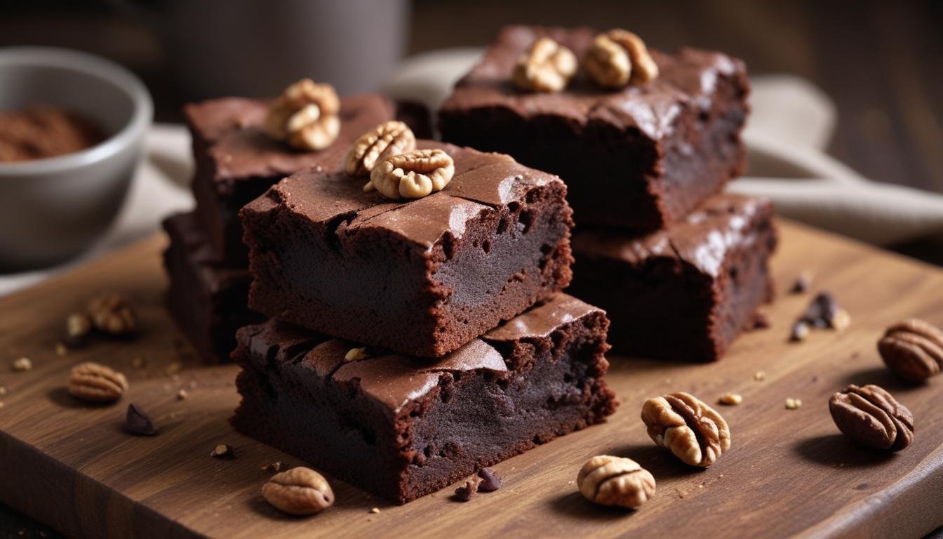 Brownies caseiros empilhados com interior cremoso, pedaços de chocolate meio amargo e nozes, com casca crocante e craquelada