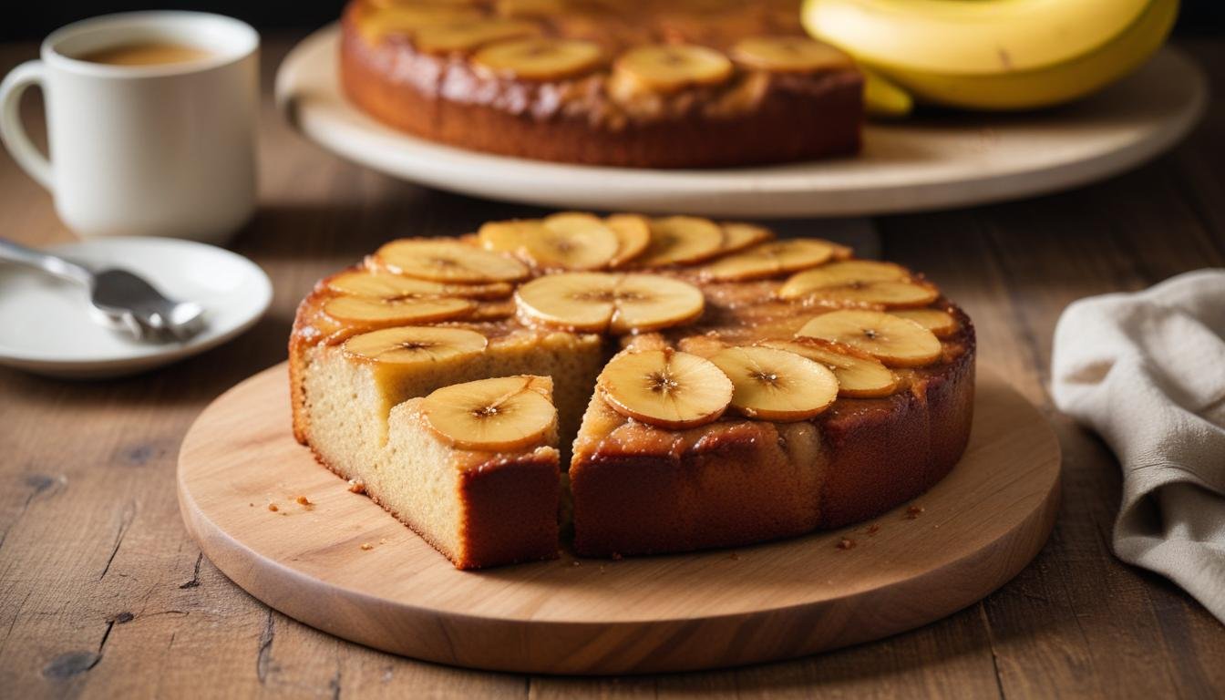 Bolo de banana fofinho com cobertura de banana caramelizada, fatiado sobre mesa de madeira rústica