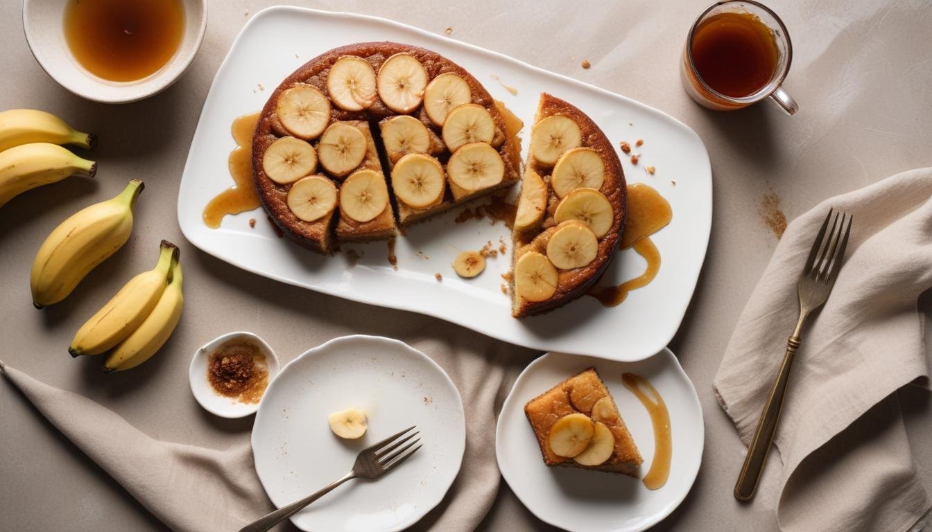 Bolo de banana de liquidificador fofinho com calda de caramelo dourada e bananas carameladas por cima, fatiado em uma travessa branca