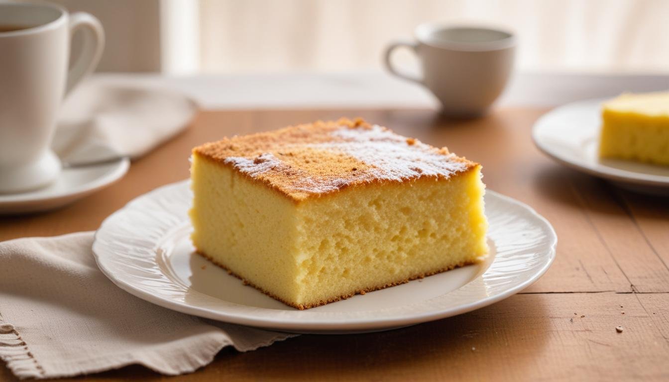 Pão de ló fofinho e dourado fatiado em prato branco, mostrando a massa aerada e leve da receita tradicional