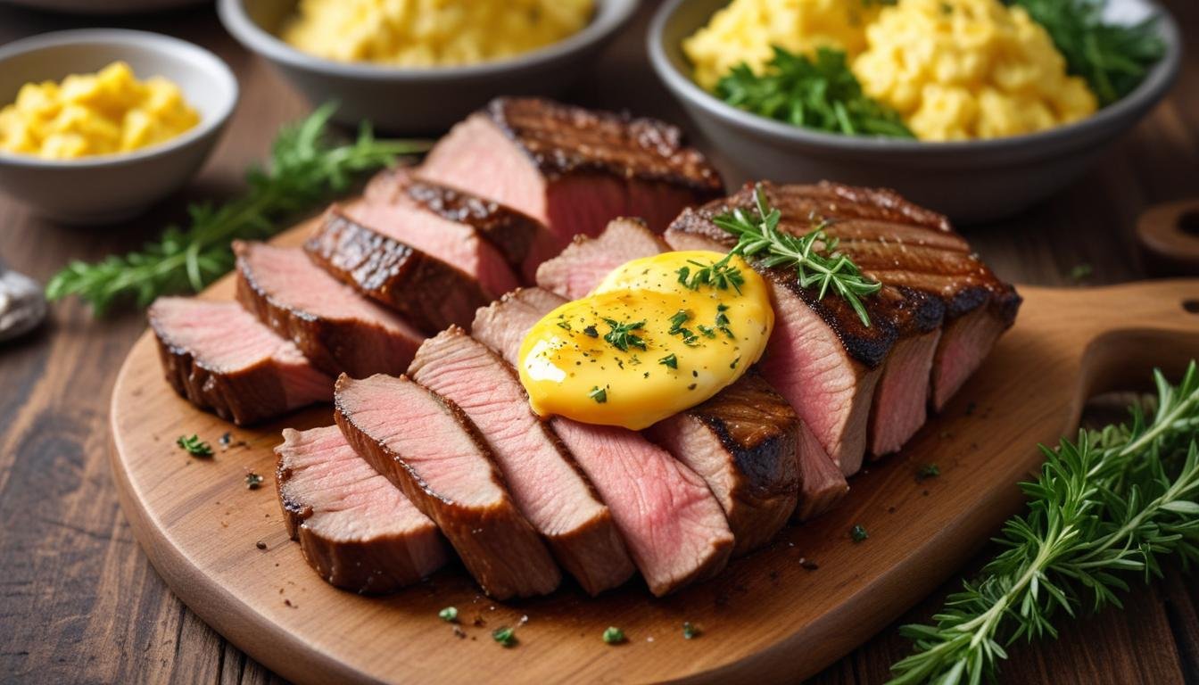 Picanha Air Fryer suculentas para o café da manhã, com crosta dourada e manteiga derretida, servidas em tábua rústica