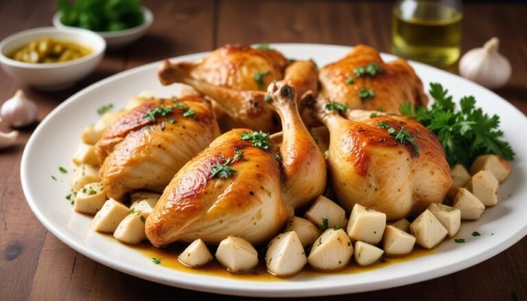 Frango a passarinho light assado no forno, dourado e suculento, com alho laminado e salsa fresca em prato branco