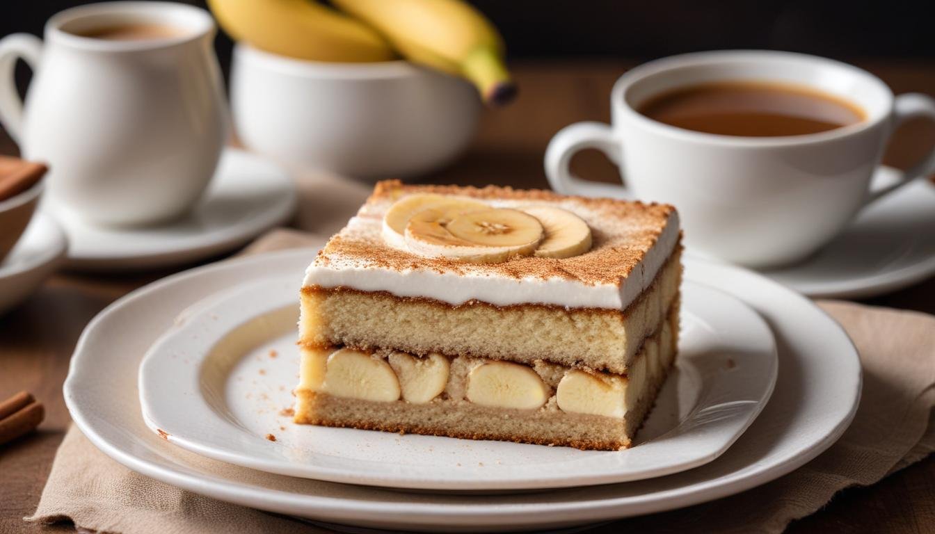 Bolo capuccino de banana expresso cortado em quadradinhos com cobertura dourada de açúcar e canela servido em prato branco