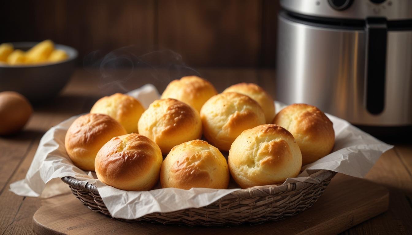 Pão de queijo fofinho e dourado feito na air fryer, perfeito para o café da manhã, servido em cesta de vime com café ao fundo