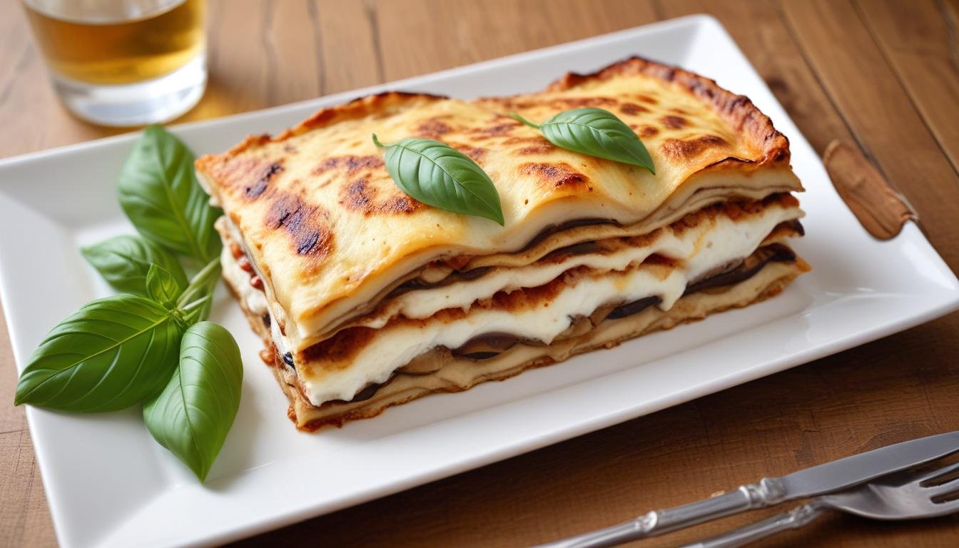 Fatia de lasanha especial light com camadas de berinjela grelhada, cottage e peito de peru, gratinada com mussarela light, servida em prato branco