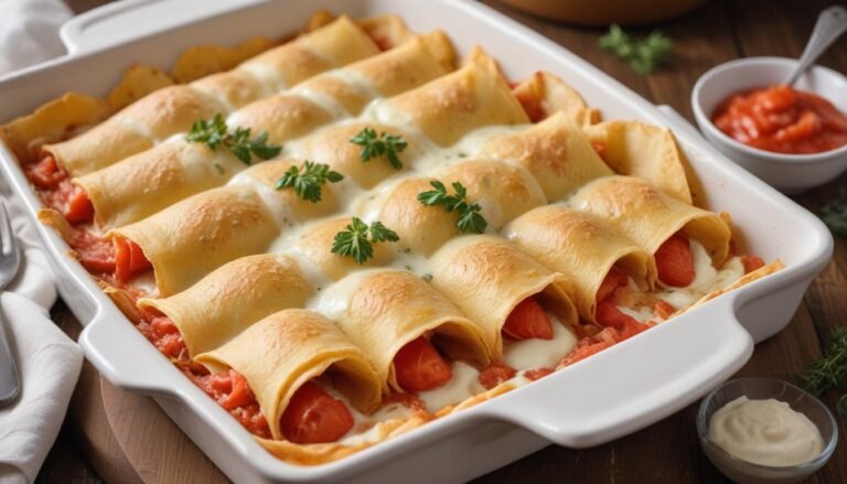 Rondele prático cremoso gratinado em refratário branco com molho de tomate e requeijão, polvilhado com orégano e parmesão