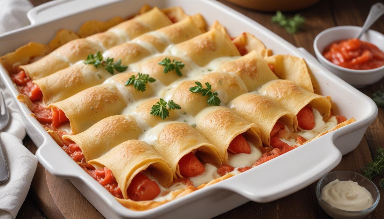 Rondele prático cremoso gratinado em refratário branco com molho de tomate e requeijão, polvilhado com orégano e parmesão