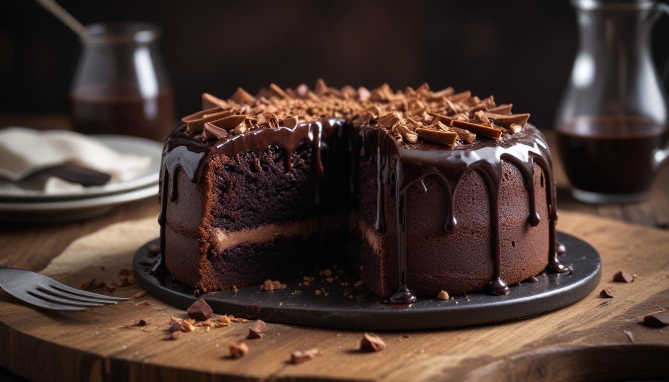 Fatia de Nega Maluca com cobertura cremosa de chocolate escorrendo pelas laterais, servida em tábua de madeira rústica