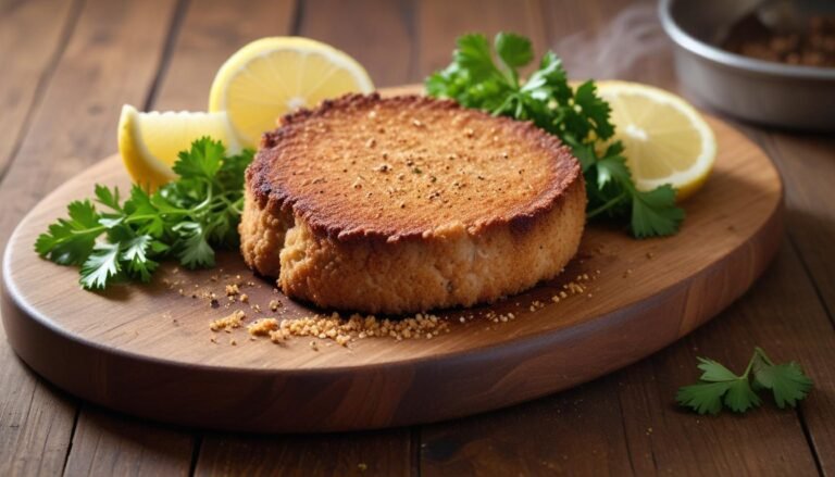 Bife à milanesa dourado e crocante servido em tábua de madeira com limão e salsinha fresca