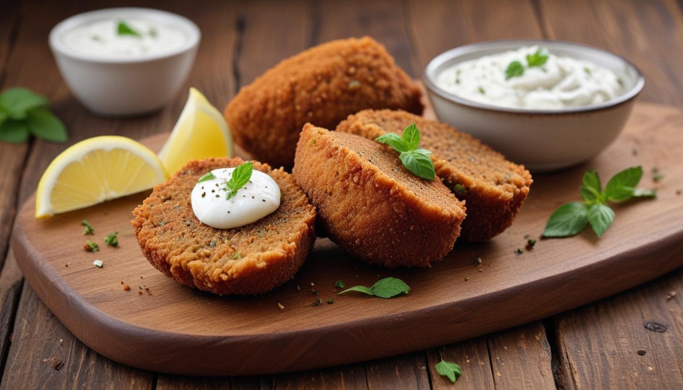 Quibe frito crocante e dourado servido em tábua de madeira com coalhada e limão, um deles cortado ao meio mostrando o recheio suculento