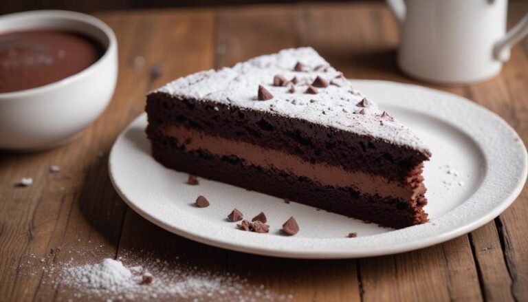 Fatia de bolo de chocolate fofinho feito na air fryer, polvilhado com açúcar de confeiteiro, perfeito para o almoço ou lanche