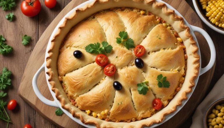 Empadão super fácil de frango cremoso dourado cortado ao meio mostrando o recheio com milho e azeitonas