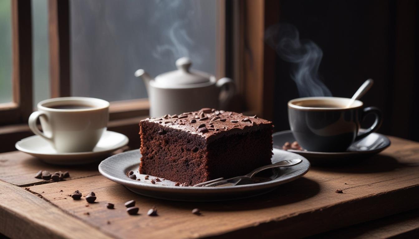 Fatia de bolo de chocolate fofinho feito na air fryer para o café da manhã, com textura úmida e cacau escuro, servido em tábua de madeira rústica