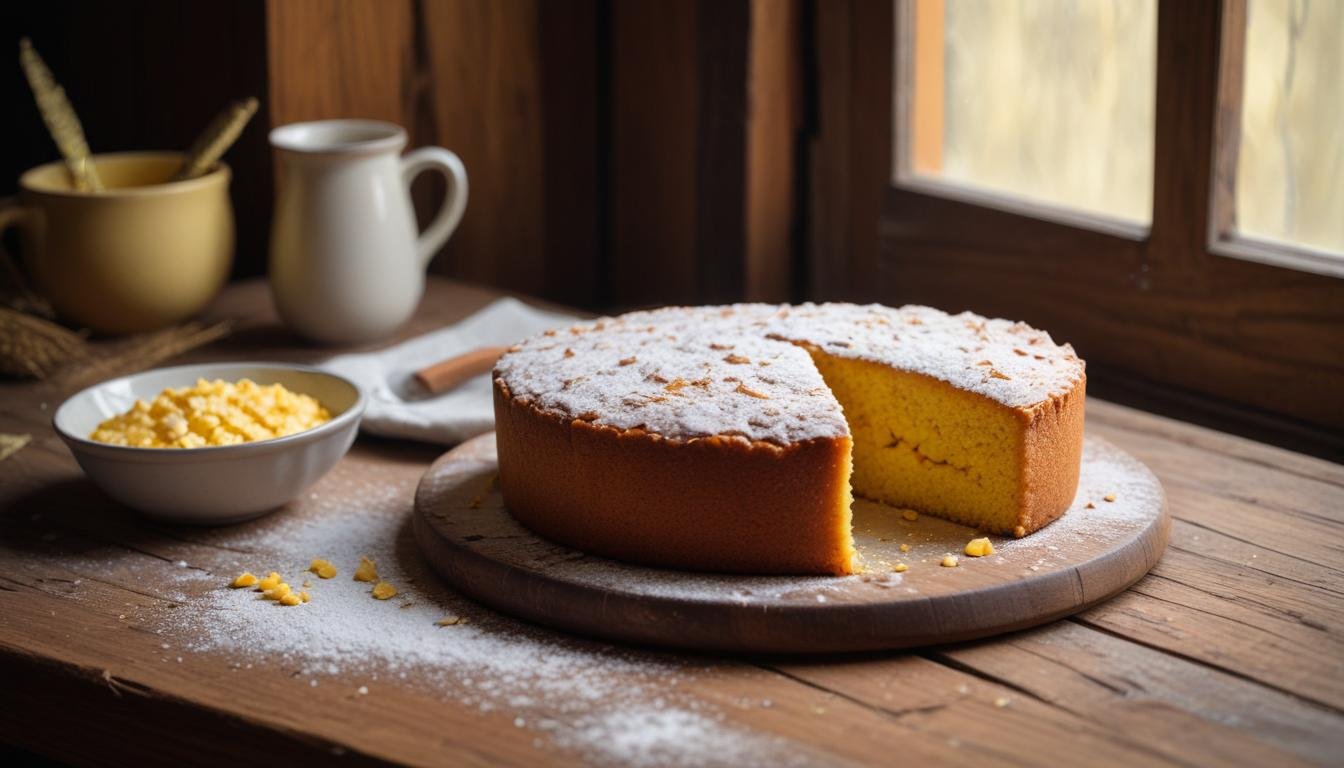 Bolo de milho fofinho fatiado em cima de uma mesa de madeira rústica, mostrando o interior úmido e amarelo dourado