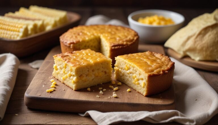 Bolo de milho fofinho com queijo fatiado em tábua de madeira, mostrando textura úmida e pedaços de queijo derretido no interior
