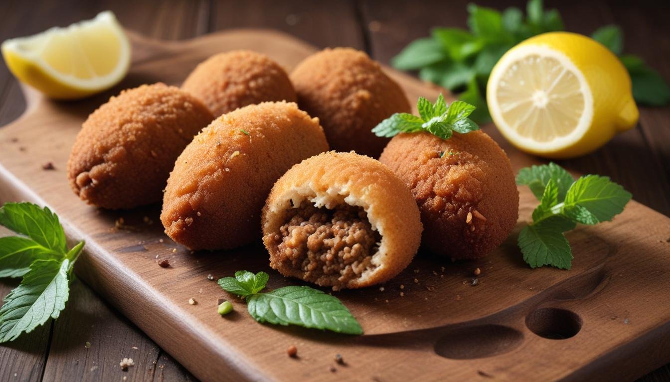 Quibe frito crocante dourado cortado ao meio mostrando recheio suculento de carne, servido em tábua rústica com folhas de hortelã