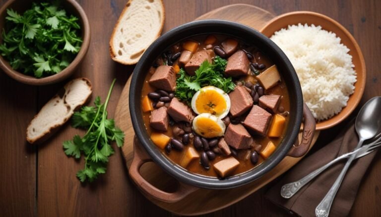 Feijoada light cremosa servida em panela de barro com arroz branco, couve refogada e laranja fatiada