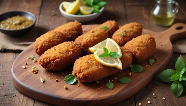 Quibe frito crocante dourado cortado ao meio mostrando recheio suculento, servido com hortelã e limão