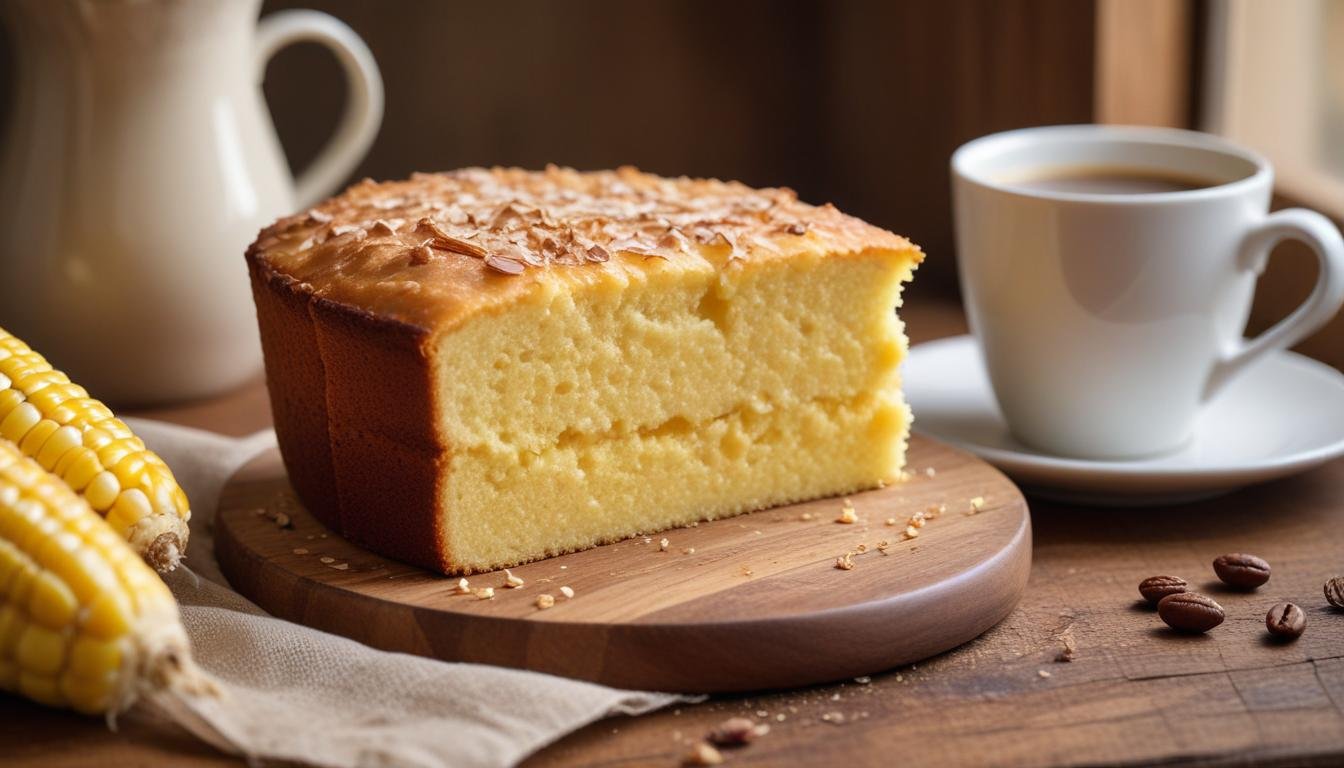 Fatia de bolo de milho fofinho com interior úmido e casquinha dourada, servido em tábua de madeira rústica