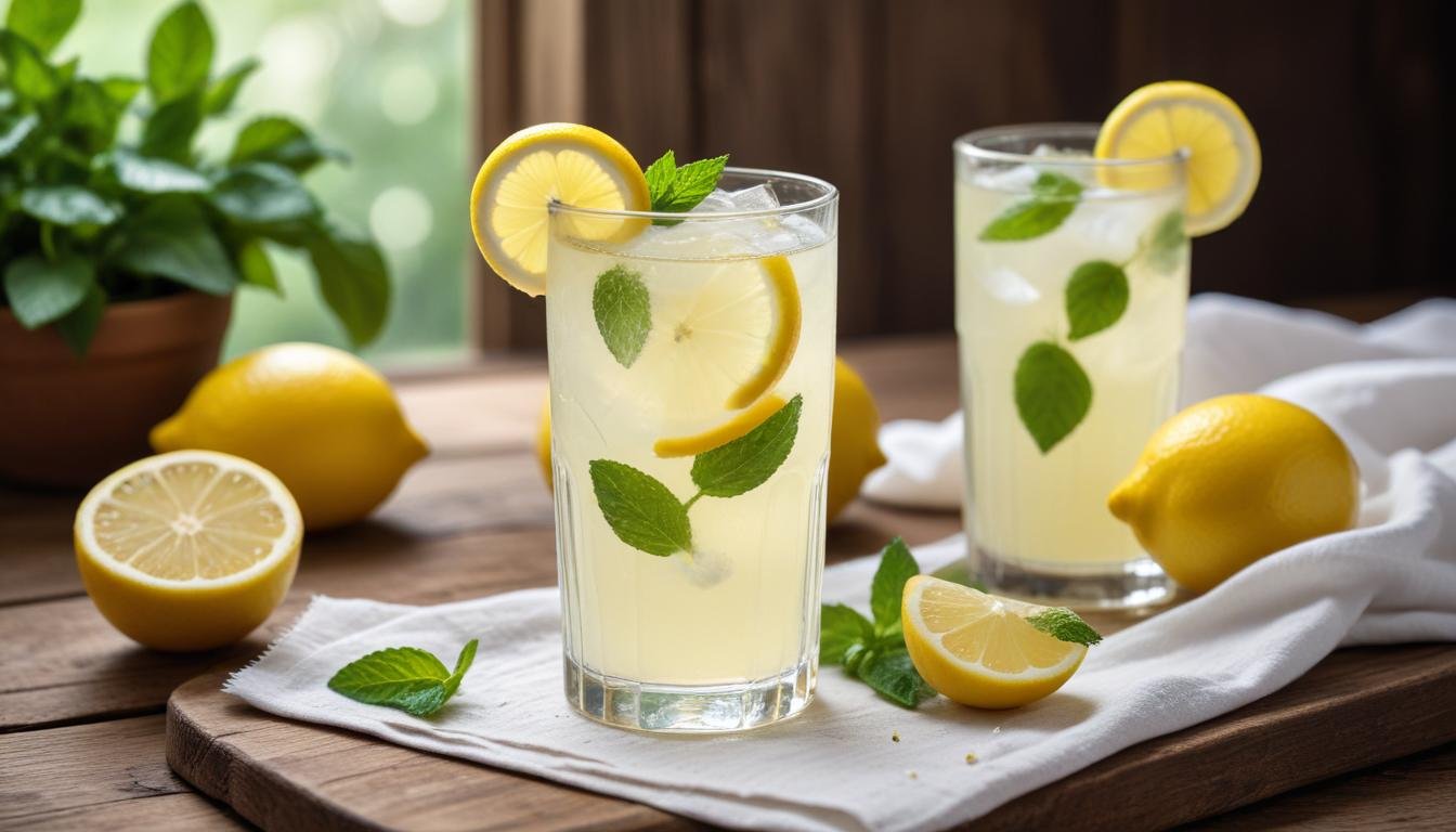 Copo alto de limonada rápida gelada com rodelas de limão e folhas de hortelã sobre mesa de madeira