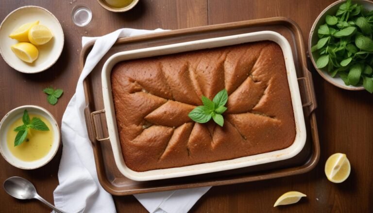 Quibe assado dourado em forma retangular com cortes em losango, decorado com folhas de hortelã fresca e azeite