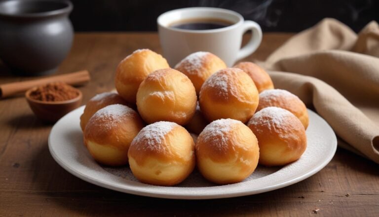 Bolinho de chuva simples e fofinho polvilhado com açúcar e canela em prato branco rústico