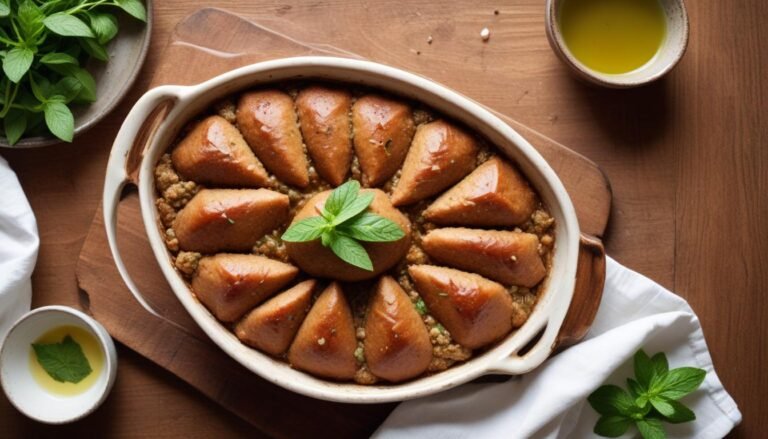Quibe assado dourado em travessa de cerâmica, cortado em losangos e decorado com folhas de hortelã fresca e fio de azeite