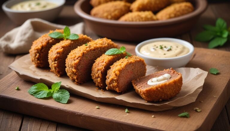 Quibe frito de forno dourado e crocante servido em tábua de madeira com molho tahine e hortelã fresca