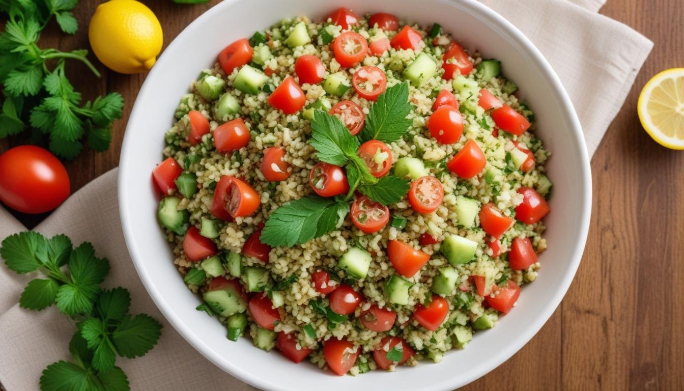 Tabule tradicional árabe em tigela branca com salsinha, tomate, pepino e trigo, regado com azeite e limão
