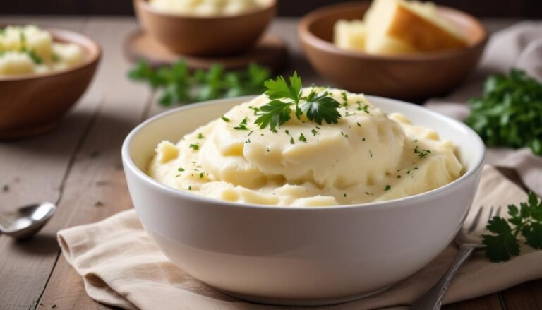 Purê de batata cremoso servido em tigela branca com manteiga derretendo por cima e salsinha fresca