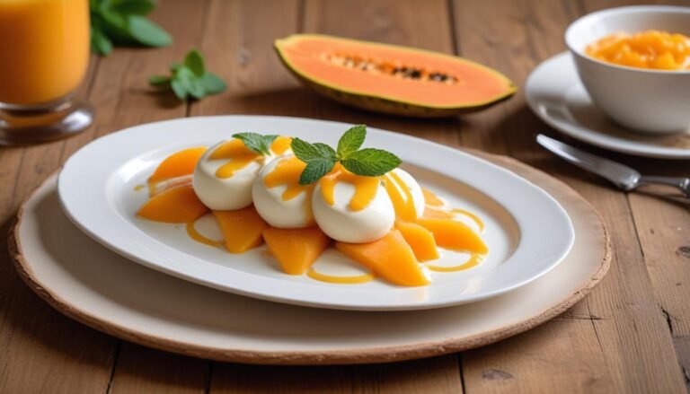 Bavaroise de papaia ao creme de iogurte e mel servida em prato branco com fio de mel e folha de hortelã