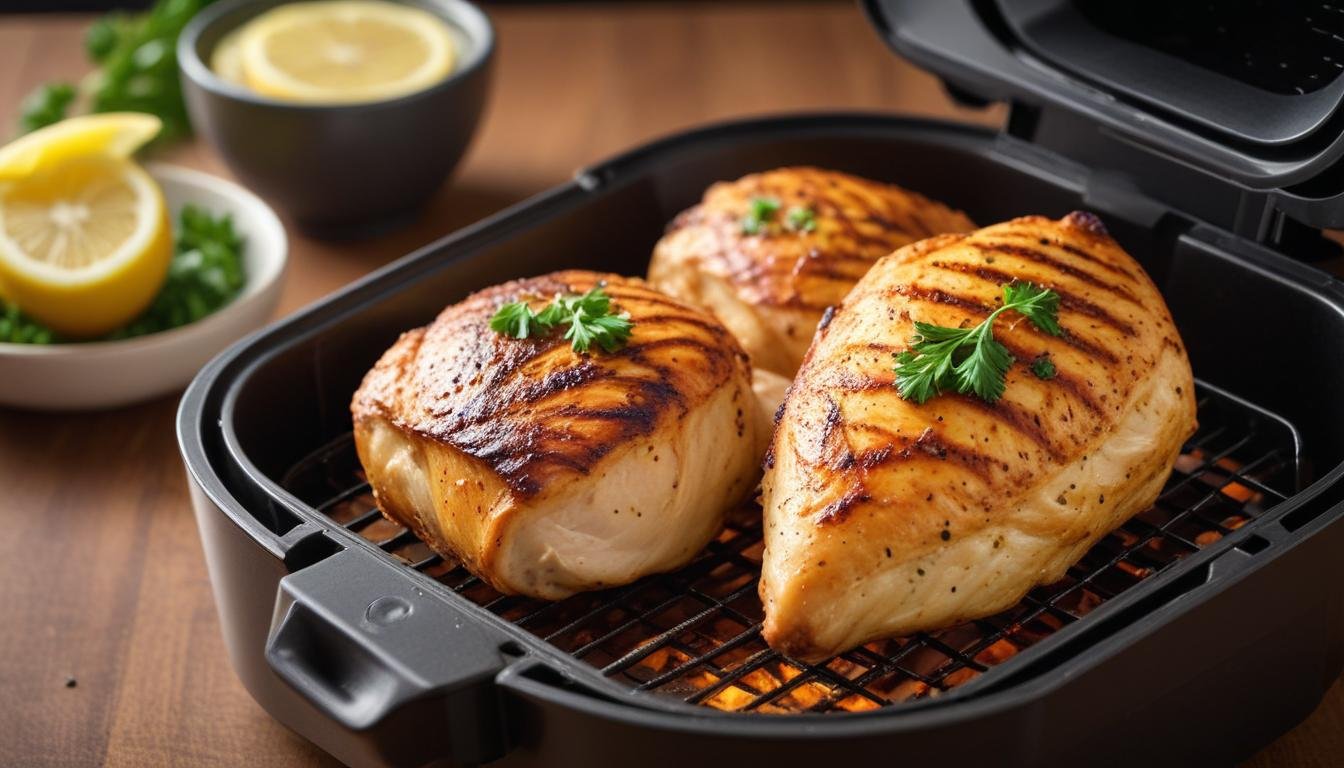Frango grelhado suculento na air fryer temperado com páprica e limão, ideal para o café da manhã proteico
