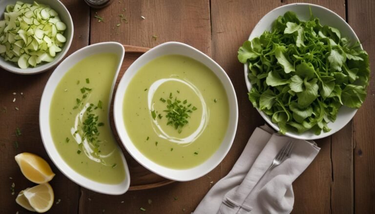 Tigela de sopa light de alface cremosa e verde, finalizada com cebolinha e azeite, servida em louça branca sobre mesa de madeira