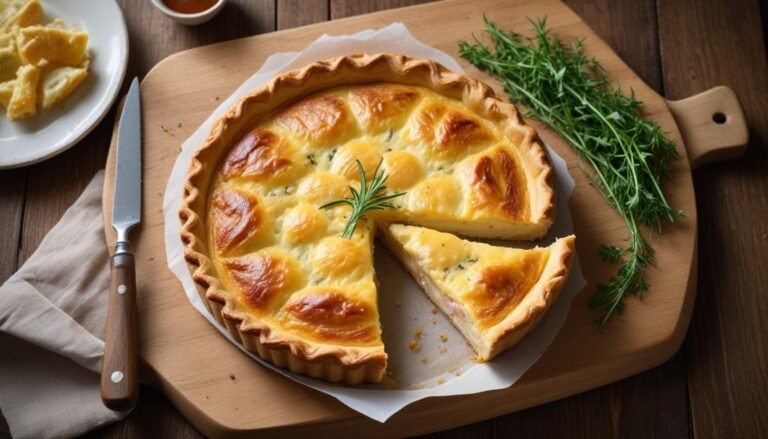 Fatia de quiche simples cremosa com massa folhada dourada, recheio de presunto e queijo mussarela, servida em tábua de madeira