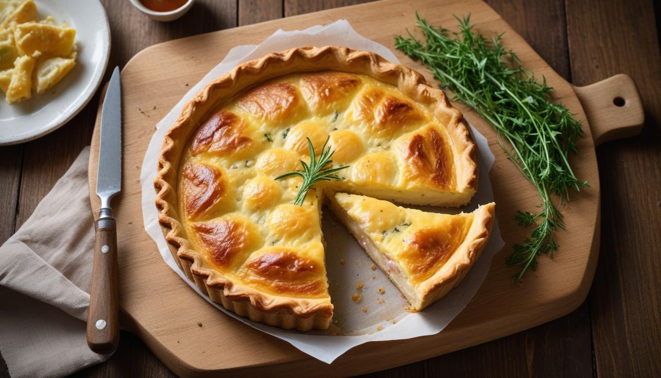 Fatia de quiche simples cremosa com massa folhada dourada, recheio de presunto e queijo mussarela, servida em tábua de madeira