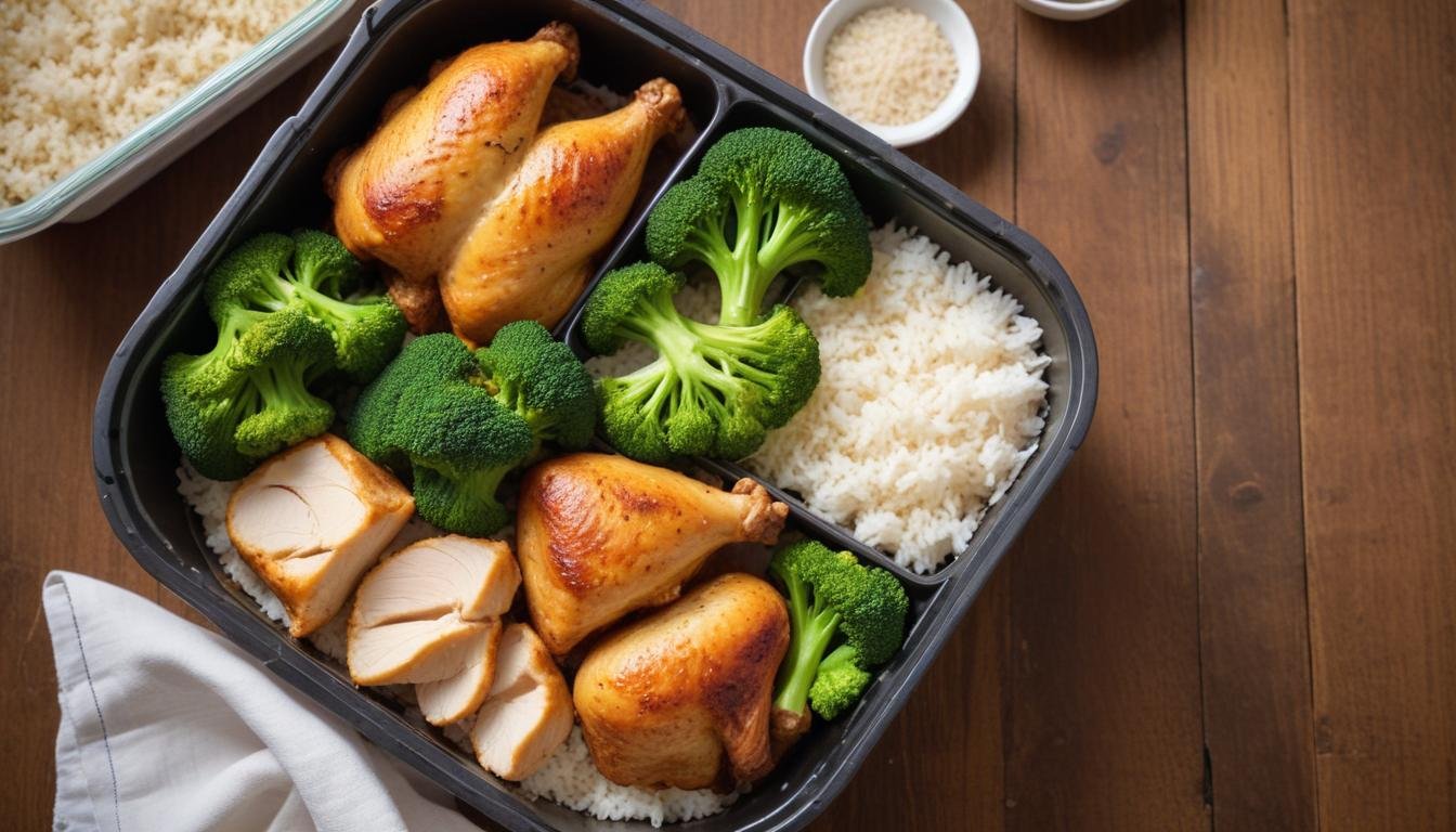 Frango assado air fryer suculento e dourado servido em marmita com arroz e brócolis, pronto para a semana