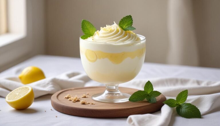 Mousse de limão light cremoso servido em taça de vidro com raspas de limão e folha de hortelã