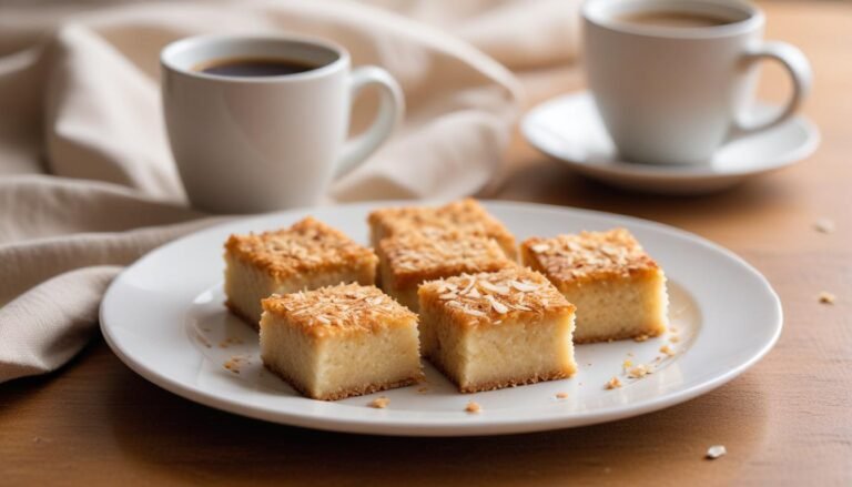Bolinho de coco rápido dourado e fofinho cortado em quadradinhos sobre prato branco