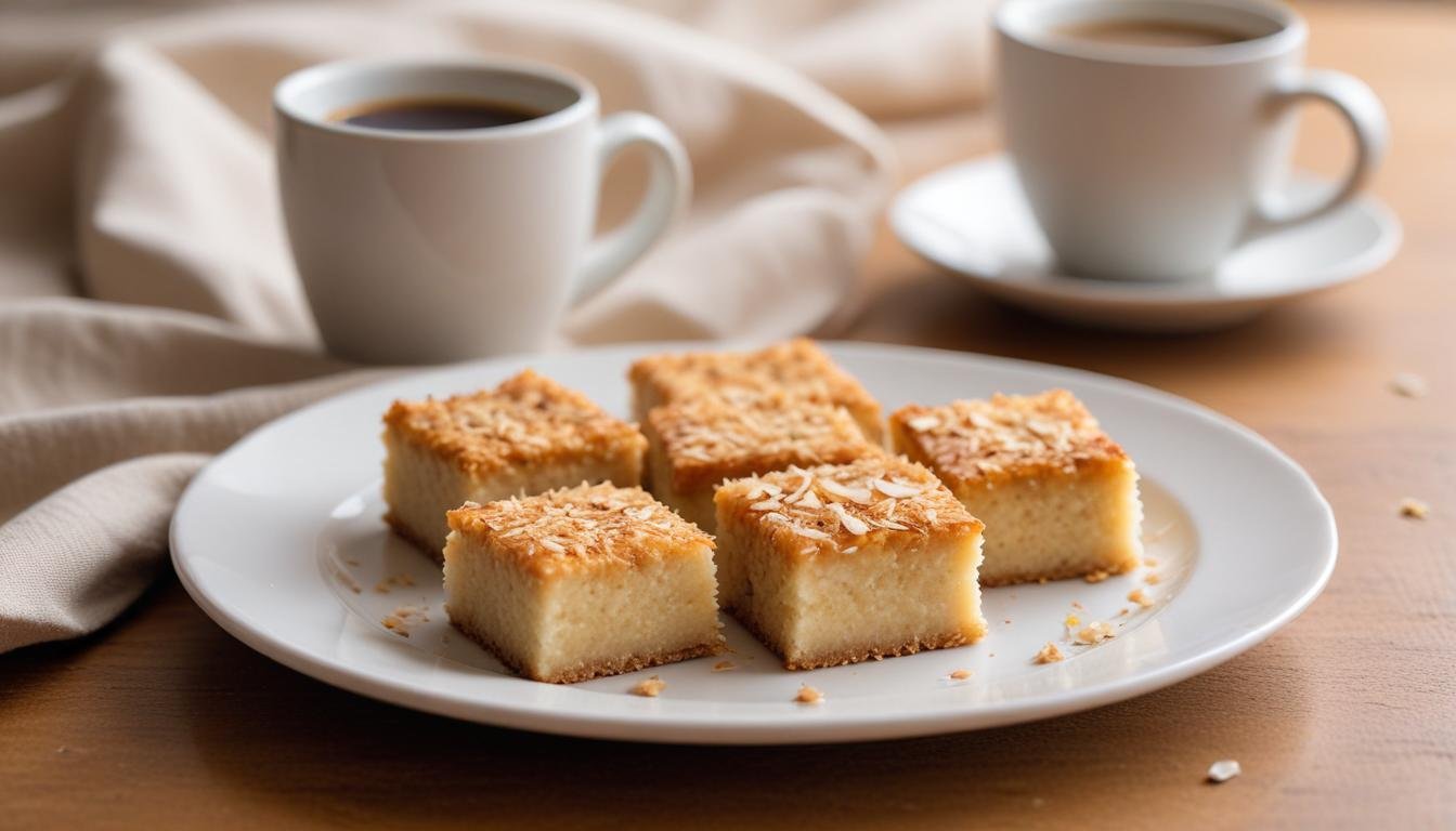 Bolinho de coco rápido dourado e fofinho cortado em quadradinhos sobre prato branco