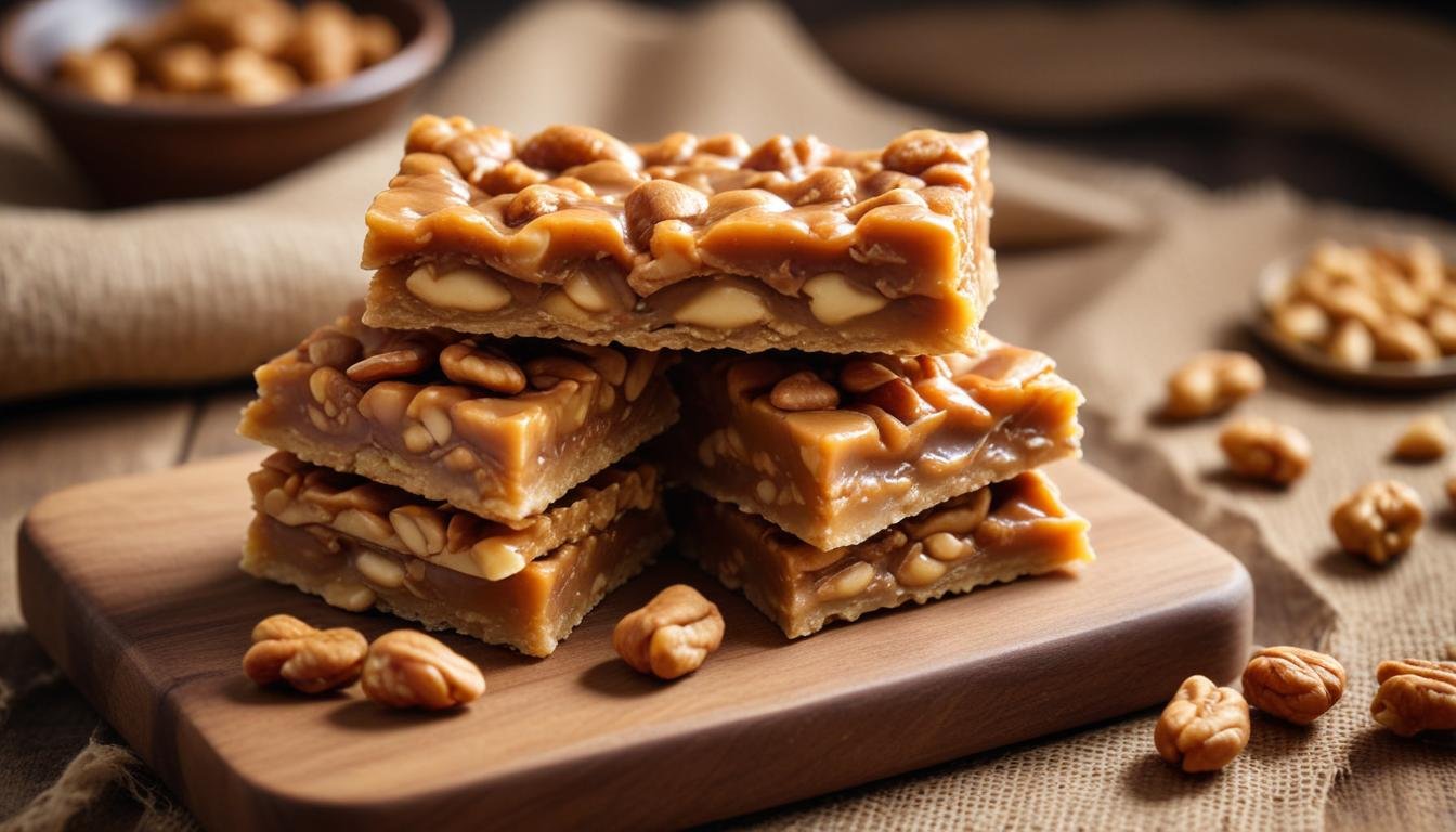 Pé de moleque caseiro cortado em quadrados dourados com amendoins inteiros visíveis, sobre tábua de madeira rústica