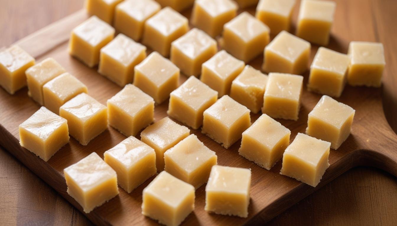 Rapadurinha de leite caseira cortada em quadradinhos dourados sobre tábua de madeira rústica