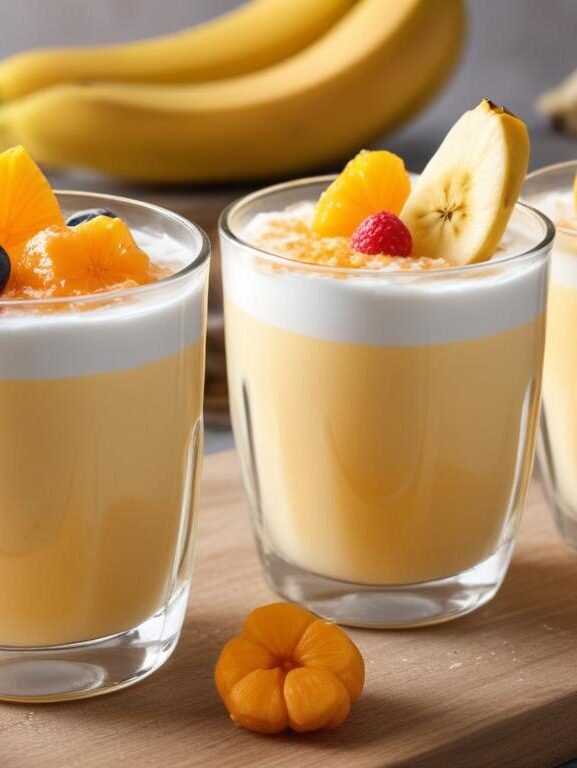 Vitamina Campeã cremosa servida em copo alto com banana, maçã, cenoura e pêssego